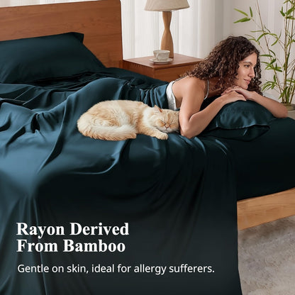 Four-Piece Rayon-from-Bamboo Sheet Set in 12 Solid Colors for Twin, Full, Queen or King Beds