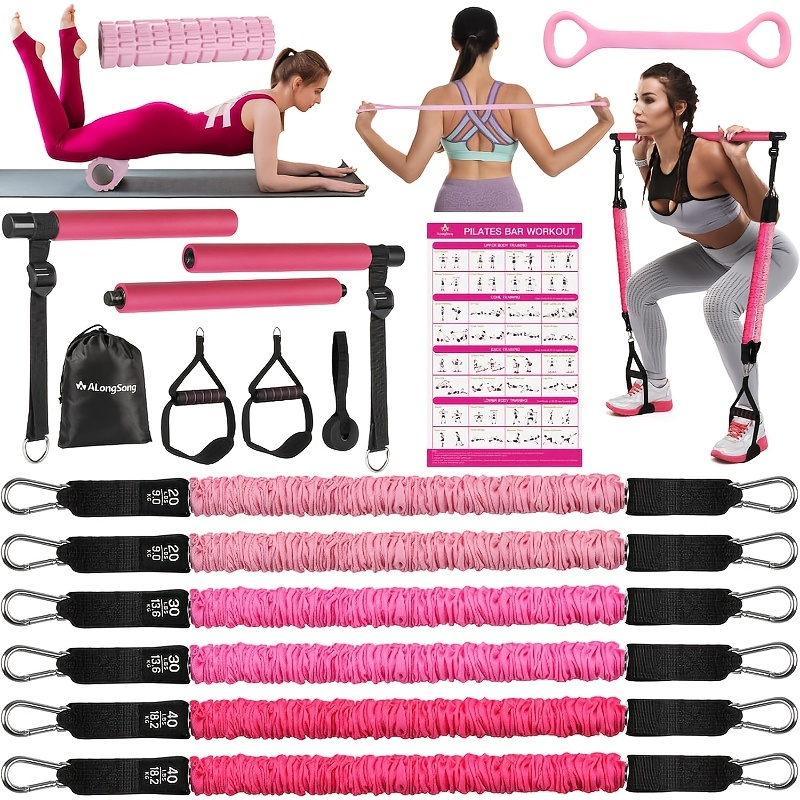 Natural Latex Pilates Bar Kit with Resistance Bands 20-360 lbs – Stainless Steel Handle, Adjustable Length for 5'3"-6'2"