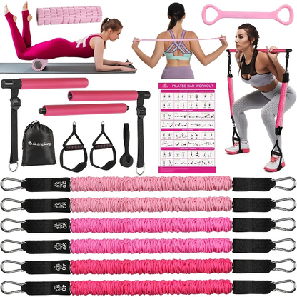 Natural Latex Pilates Bar Kit with Resistance Bands 20-360 lbs – Stainless Steel Handle, Adjustable Length for 5'3"-6'2"