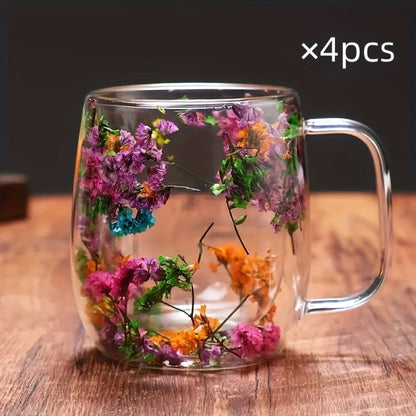 Double Wall Glass Coffee Cups with Handle Set of 4 – Borosilicate Thermal Mugs for Latte Cappuccino Tea | Dried Flower & Petal Design