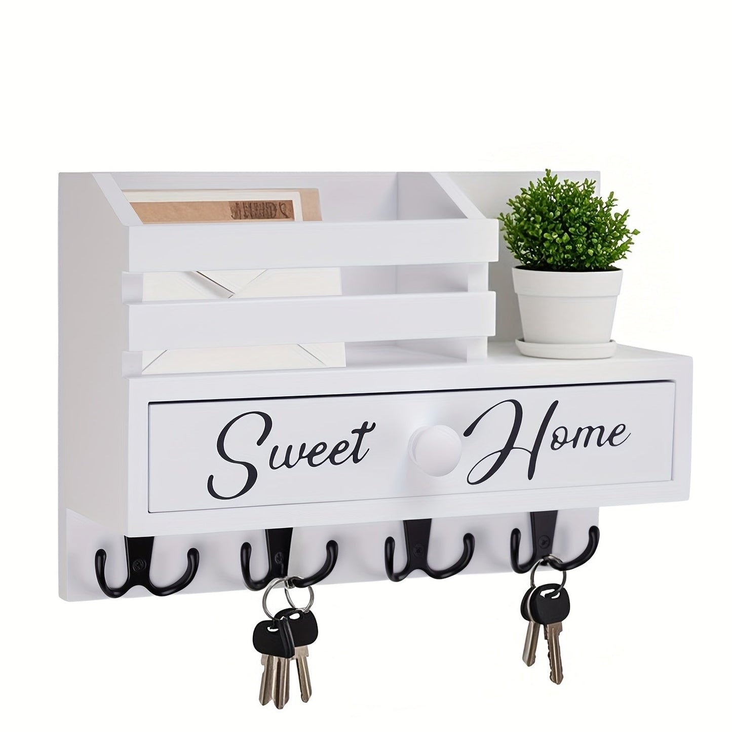 Key Holder for Wall with Drawer 8 Hooks, Rustic Wood Wall Mounted Key & Mail Organizer for Entryway