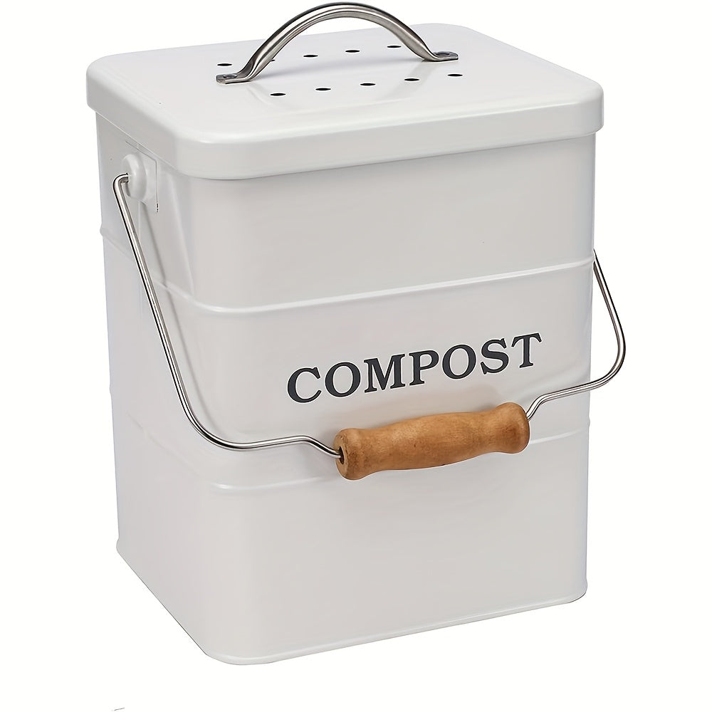 Kitchen Compost Bin 1 Gallon with Charcoal Filter & Wooden Handle, Odor-Free Indoor Countertop Food Waste Bin