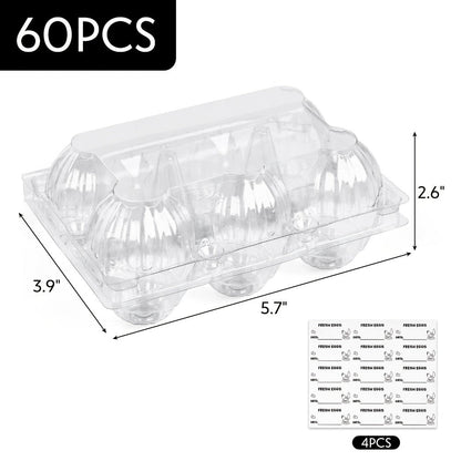 Plastic Egg Cartons, 60 Pack Clear 6-Cavity Reusable Egg Holders with 4 Label Stickers – Bulk Egg Carton Set for Home, Ranch, Chicken Farm