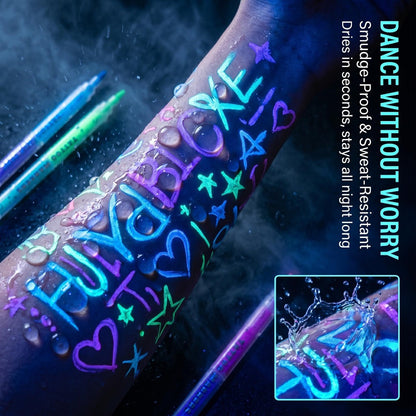 Face Body Paint Pens 18 Colors with Reusable Stencils, Washable Neon Glow in the Dark Skin-Safe Makeup Pens