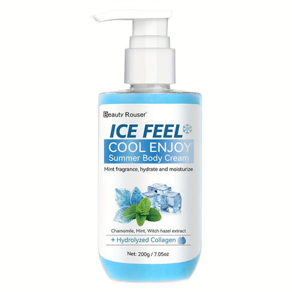 Body Cream Beauty Rouser ICE FEEL 200g Pump with Mint Chamomile Witch Hazel and Collagen Package Callouts