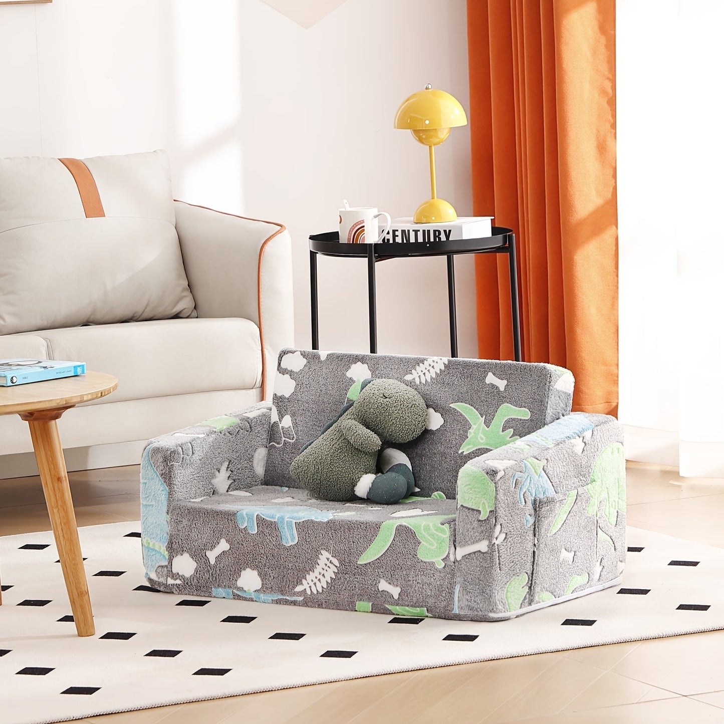 Kids Sofa Chair shown in the Grey Dinosaur-Glow in dark option