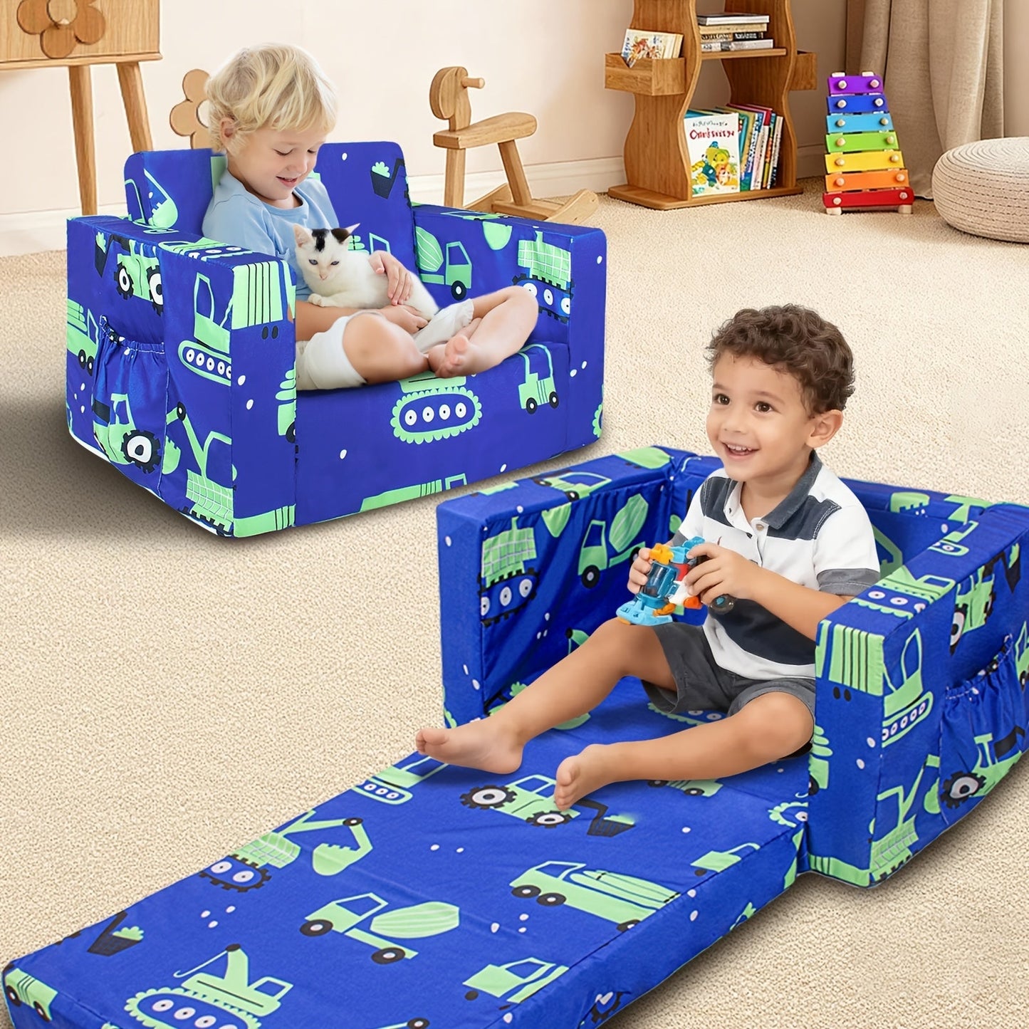 Kids Sofa shown in the Blue Cars option