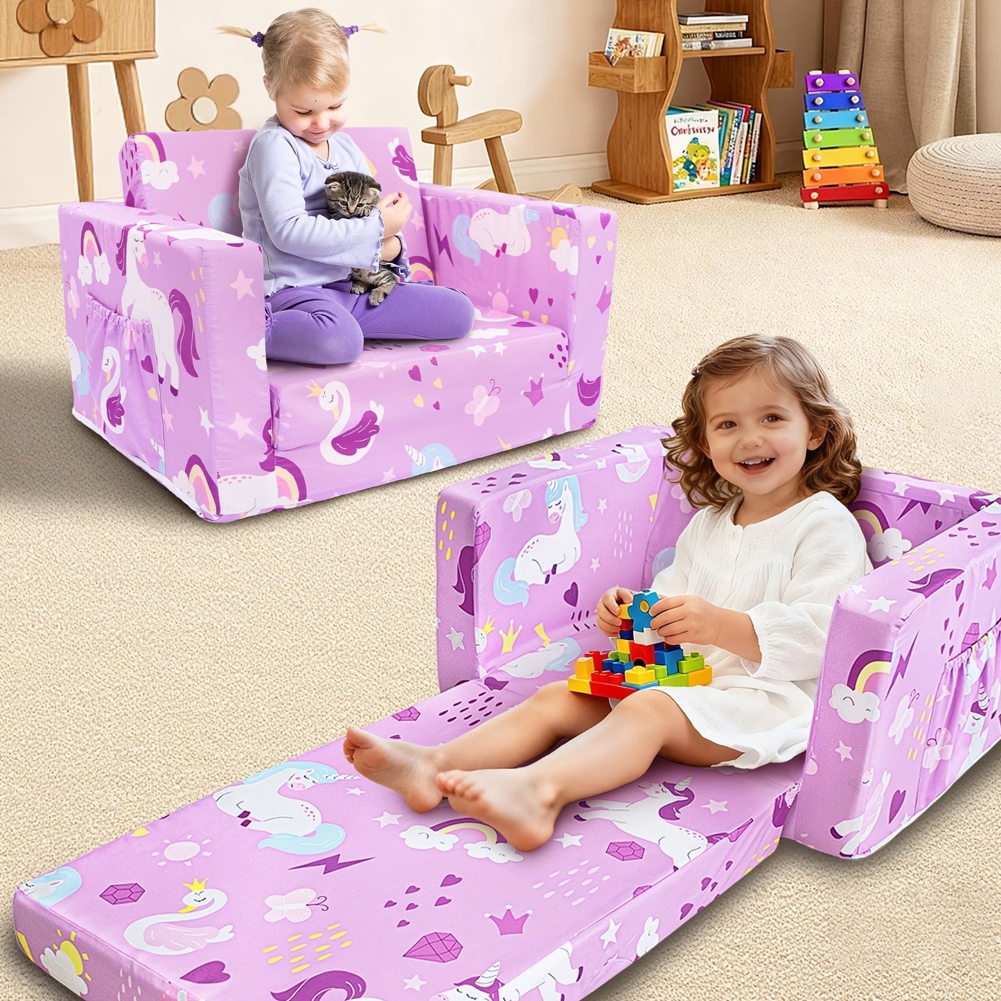 Kids Sofa shown in the Purple Unicorn option