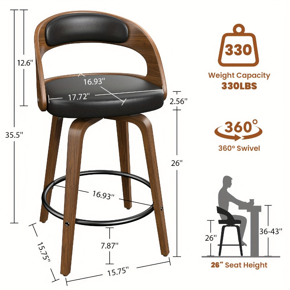 2-Piece Set Faux Leather Bar Stools with Solid Wood Construction and Adjustable Height detail image - detail view 3