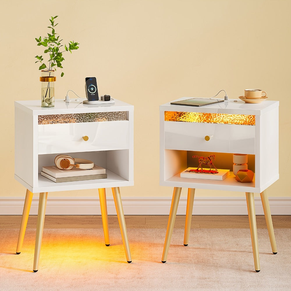 Nightstand, Set of 2 Nightstands with USB Charging Ports LED Strip Drawer Open Storage 12 shown in the main product view