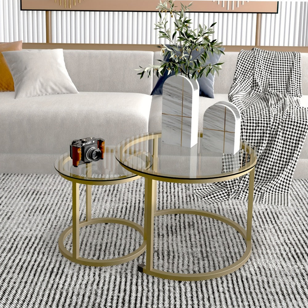 Coffee Table, Nesting Glass Coffee Tables Set of 2, Round Small Glass Top with Black Metal shown in the main product view
