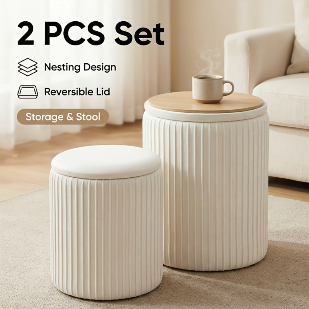 Ottoman, Round Storage Ottomans with Lids Set of 2, Upholstered Vanity Stools with Hidden shown in the main product view