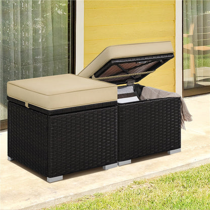 Outdoor Ottoman, Rattan Ottoman Set of 2 with Hidden Storage & Removable Cushions shown in the main product view