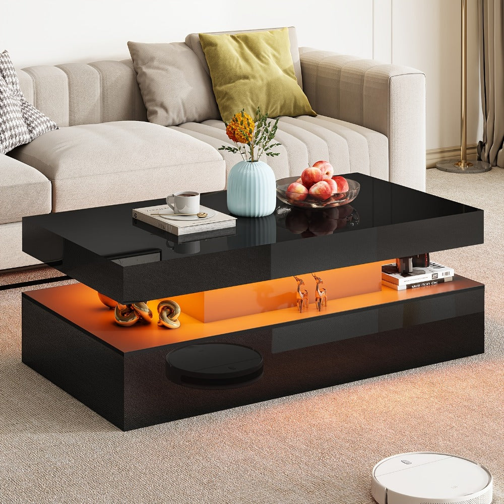 Coffee Table, LED 40 Inch High Gloss 2-Tier Center Table with LED Lights & Open Storage shown in the main product view