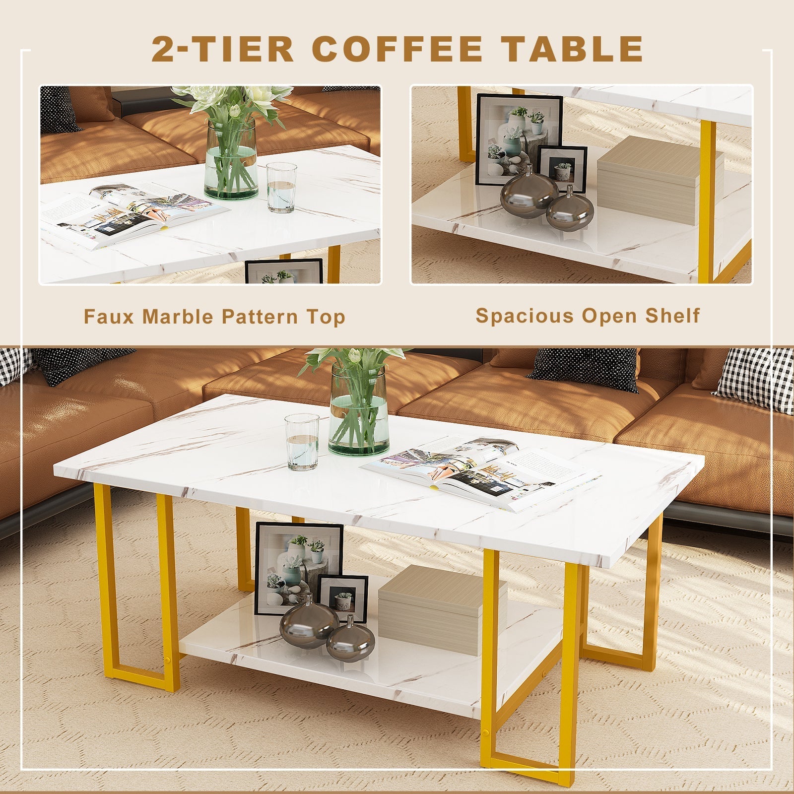 2-Tier Faux Marble Coffee Table with Multiple Color Options, Living Room Center Table detail image - detail view 14