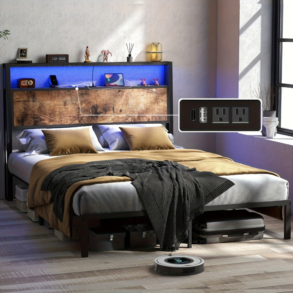 2-Tier Metal Bed Frame with LED Lighting and No Box Spring Needed detail image - detail view 5