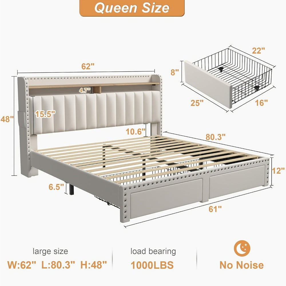 2-Tier Upholstered Bed Frame with Storage Drawers and No Box Spring Needed detail image - detail view 9