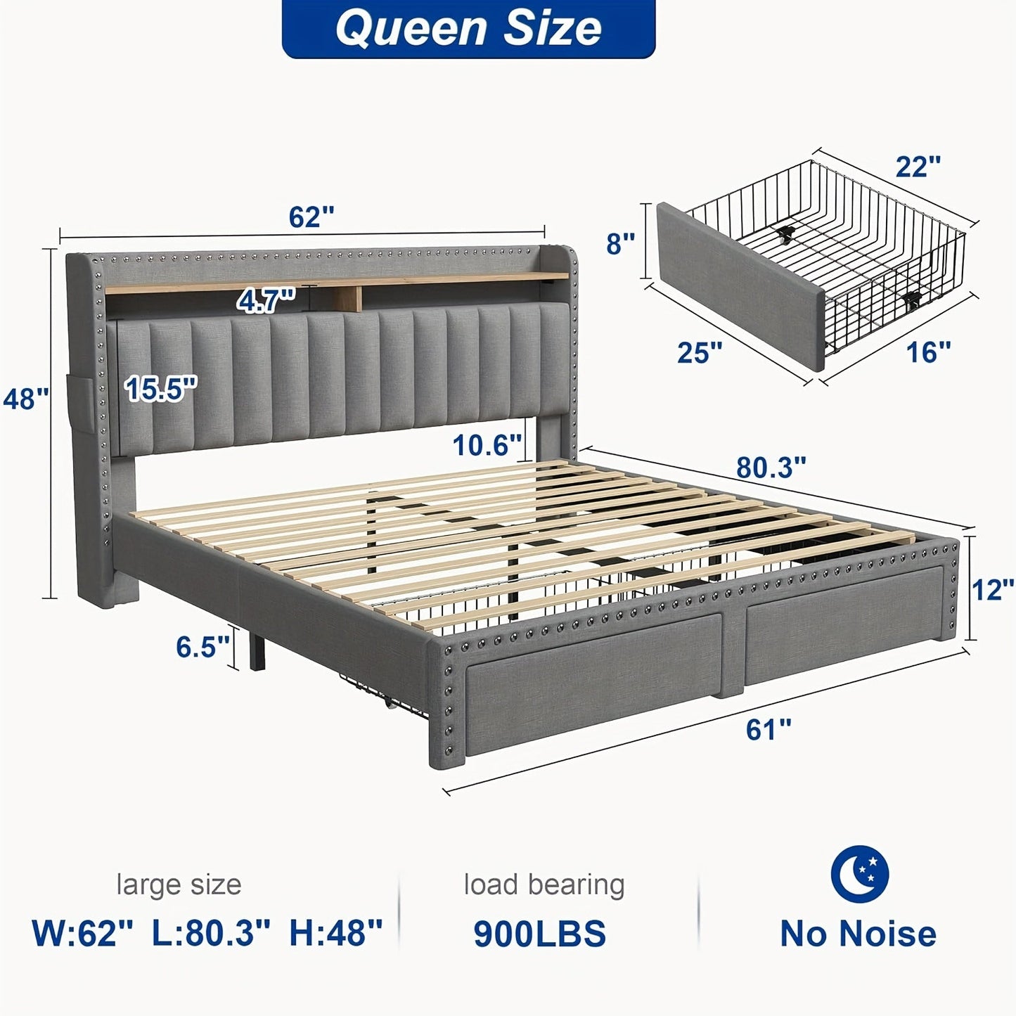 Bed Frame shown in the Grey, Queen option