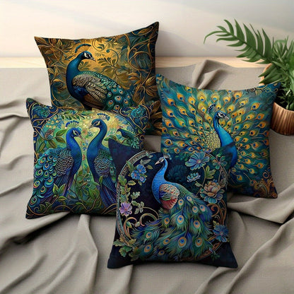 Vintage Peacock Throw Pillow Covers, Set of Four 18 x 18-Inch Short-Plush Cases with Zipper Openings