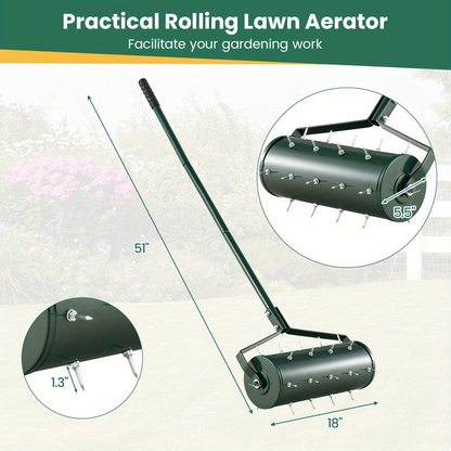 Rotary Lawn Aerator 18" Spike Drum with 27 Galvanized Steel Spikes, Fillable with Sand or Stone