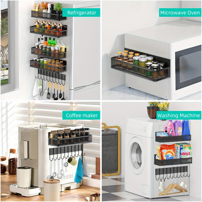 Kitchen Organizer Magnetic Refrigerator Shelf 4-Piece Set with Hooks for Metal Appliance Surfaces