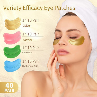 Collagen Eye Mask Patches 40 Pairs – Caffeine & Aloe Vera Under Eye Patches 4 Types Eye SPA Multi-Color Depuff Dark Circle Moisturizing