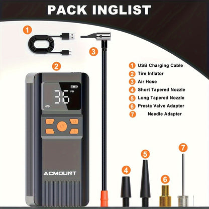 Portable Tire Inflator Cordless Air Compressor – 150PSI Fast Inflation, 5000mAh Rechargeable Battery, Digital Pressure Gauge, LED Light