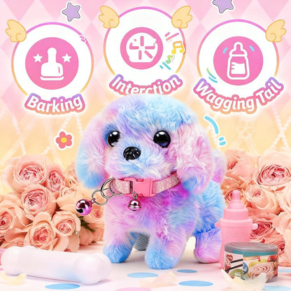 Walking Barking Electric Plush Puppy Toy That Walks Wags Tail & Barks, Realistic Interactive Pet Dog with Leash Bone Bow Tie