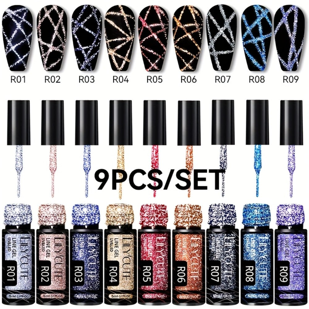 Gel Nail Polish Nine-Piece Reflective Glitter Line Set, 5ml Each for Stripes and Graffiti Nail Art