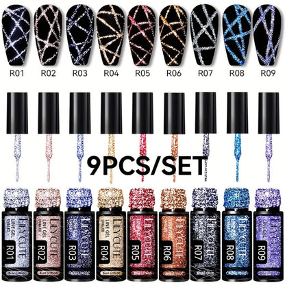 Gel Nail Polish Nine-Piece Reflective Glitter Line Set, 5ml Each for Stripes and Graffiti Nail Art