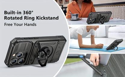 Phone Case Dual-Card Hard Shell Cover with 360-Degree Ring Kickstand for Select iPhone 14, 16 and 17 Models