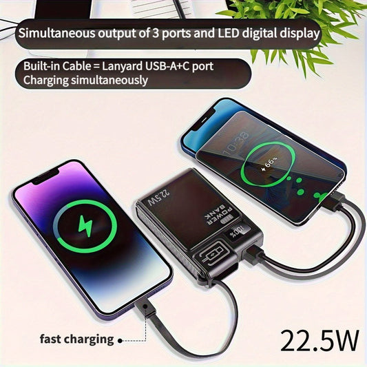 10000mAh Power Bank with 22.5W Label, Built-In USB-A and USB-C Cables, Three Outputs and Display