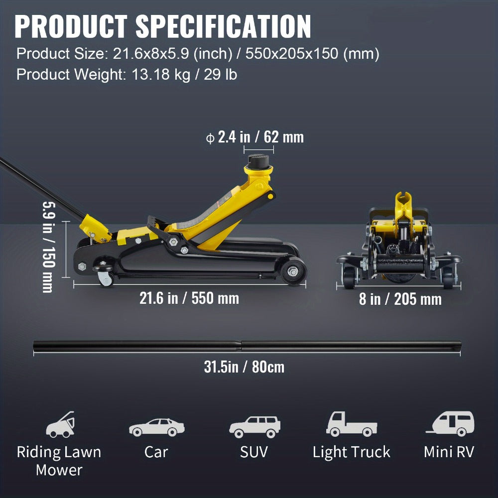 2.5 Ton Low Profile Floor Jack Compact Alloy Steel – Sport Car Lift with Single Cylinder Pump, 3.35–14.96" Lift Range