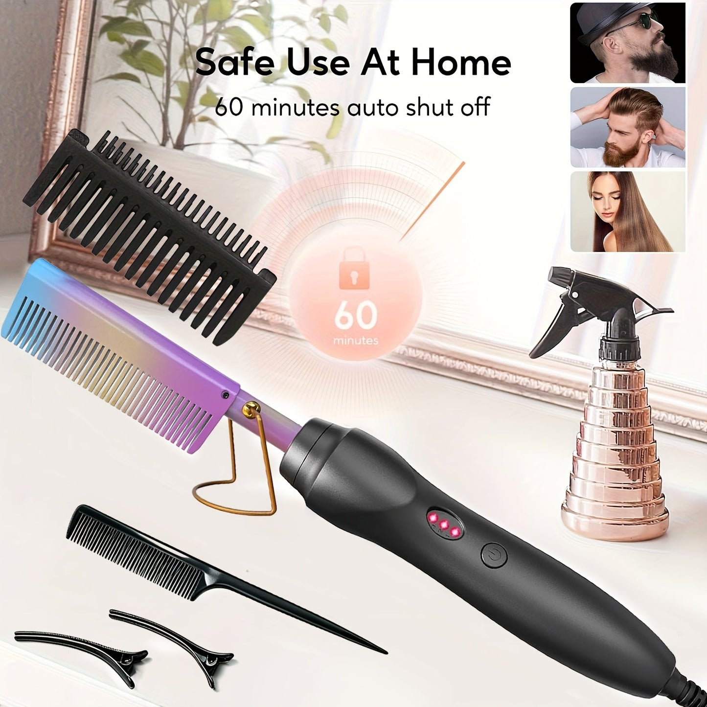 Electric Press-Comb Hair Straightener in Pink, Gold, Black, Gradient or Avocado Green with Corded Handle