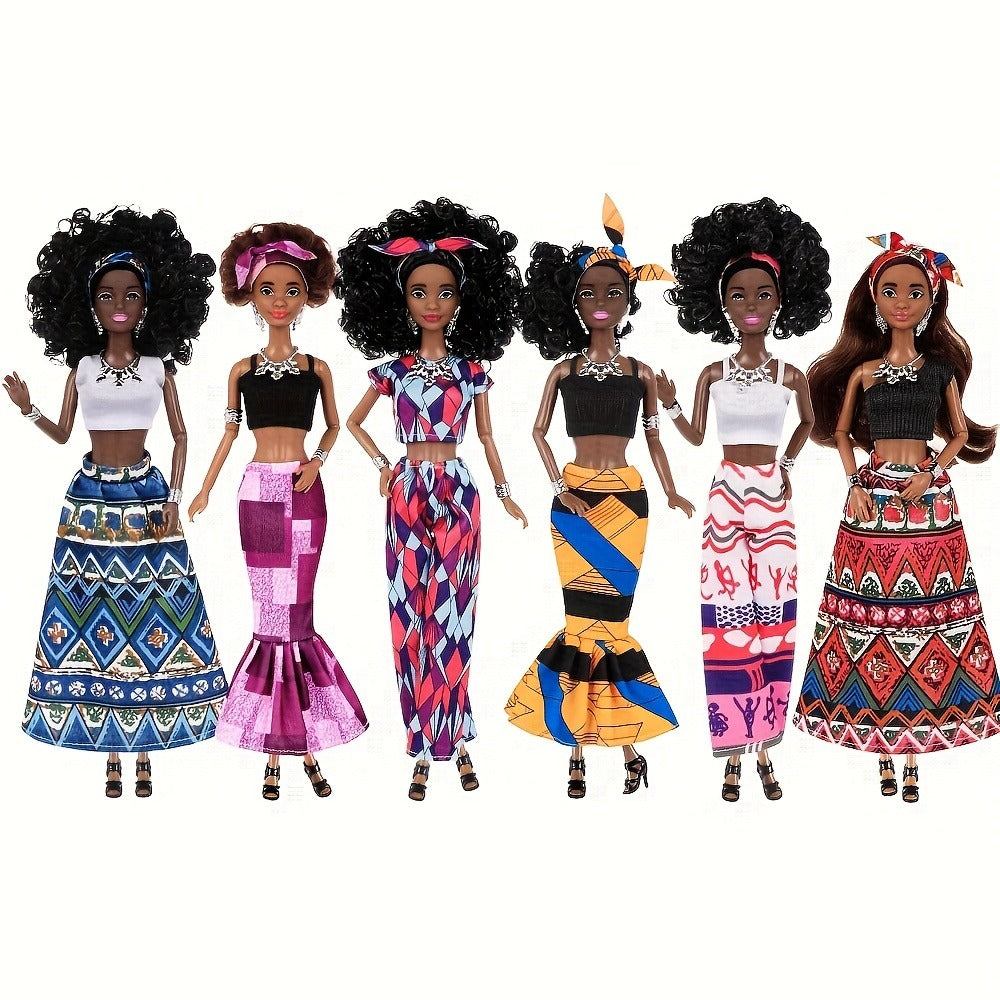 Six-Piece 11.5-Inch Fashion Doll Set with Curly-Hair Styles, Bohemian Outfits, Headbands and Jewelry