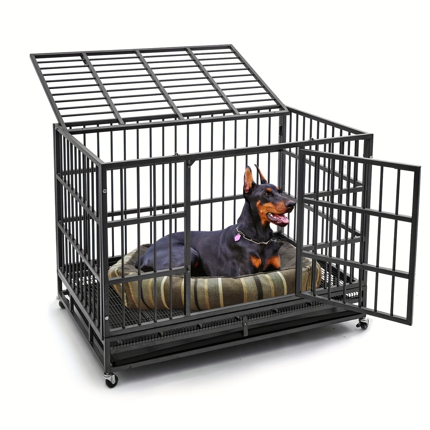 Heavy Duty Escape-Proof Dog Crate with Wheels & Removable Tray – Double Door Indoor Kennel for Large & XL Dogs | 42IN & 48IN