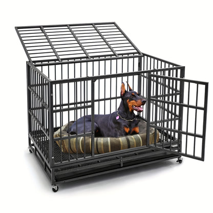 Heavy Duty Escape-Proof Dog Crate with Wheels & Removable Tray – Double Door Indoor Kennel for Large & XL Dogs | 42IN & 48IN