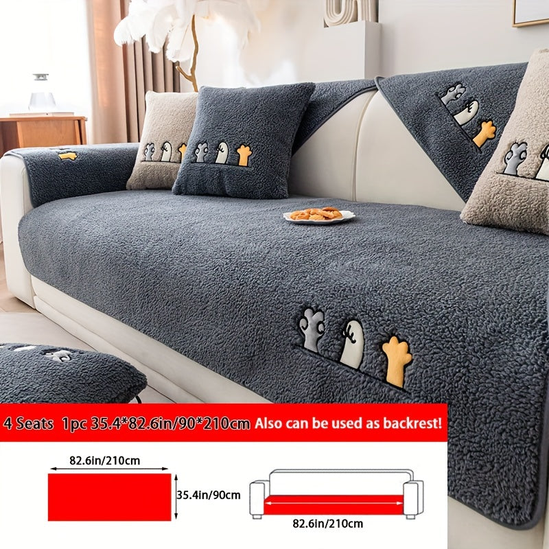 Sofa Cover Thick Plush Shearling Panels with Animal and Bone Embroidery and Backing Detail for 2 to 4 Seats