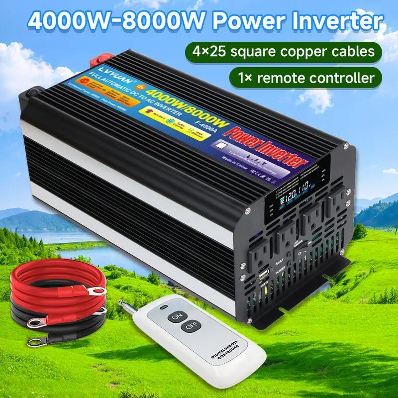 Pure Sine Wave Power Inverter 4000W 8000W Peak DC 12V to AC 110V with LCD Display Remote Control 4 AC for Garden, Patio and Yard Use