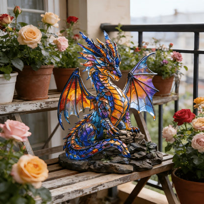 Dragon Sculpture with Light – Faux Stained Glass Resin Statue, Bohemian Accent Lamp, Fantasy Home Decor Figurine