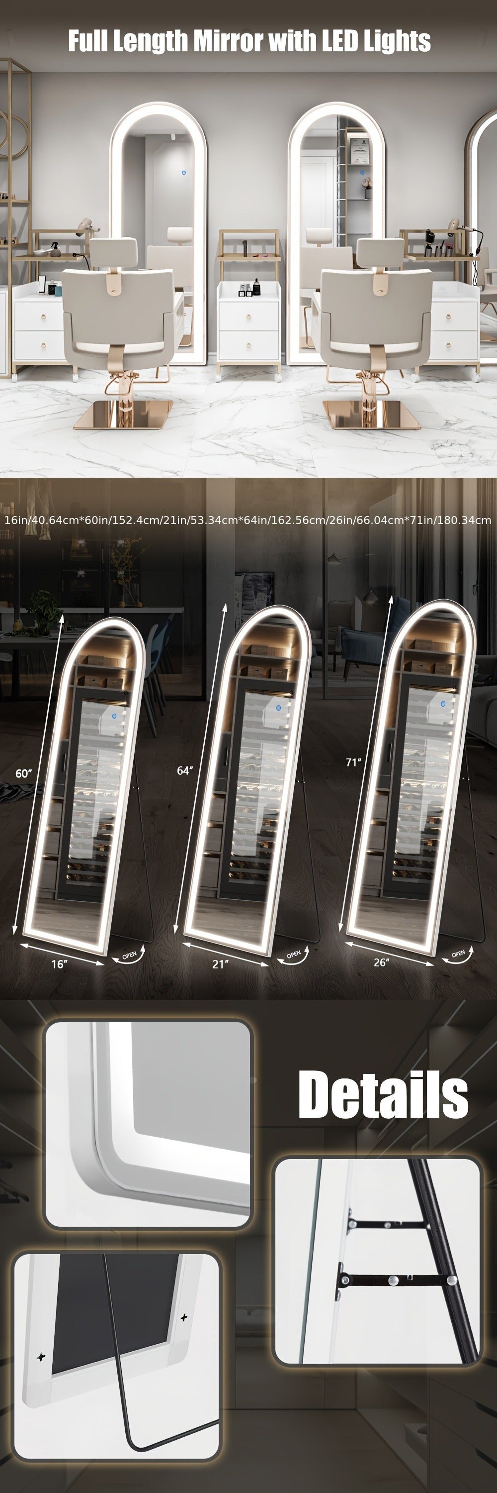 Full Length Mirror Floor Standing with LED Light – Arched & Rect Aluminum Frame Dressing Mirror for Bedroom Living Room, Black/Golden/White
