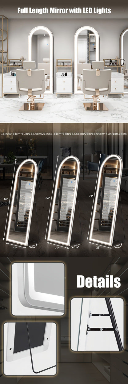 Full Length Mirror Floor Standing with LED Light – Arched & Rect Aluminum Frame Dressing Mirror for Bedroom Living Room, Black/Golden/White