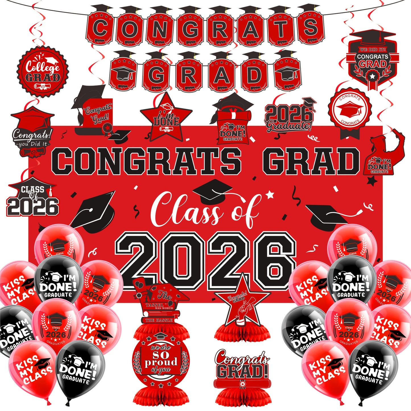 Class of 2026 Graduation Decoration Set with Letter Banner, Hanging Pieces and Six Color Options