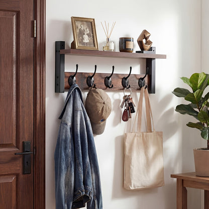 Vintage Wall-Mounted Shelf and Key Rack with Five Hooks, 17.1-Inch Width and Brown Board Finish