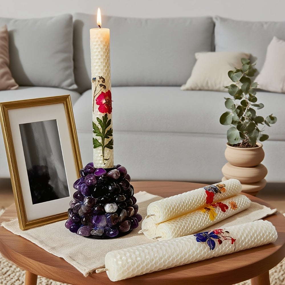 Floral Cone Candle Holders Set of 4, 10-Inch Decorative Beeswax Taper Candles for Holiday Parties