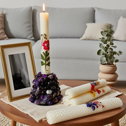 Floral Cone Candle Holders Set of 4, 10-Inch Decorative Beeswax Taper Candles for Holiday Parties
