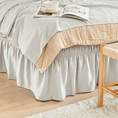 Bed Skirt Elastic Wrap Around Ruffle – 15 Inch Drop Microfiber Dust Ruffle, Adjustable No-Lift Fit, Fade Resistant Machine Washable