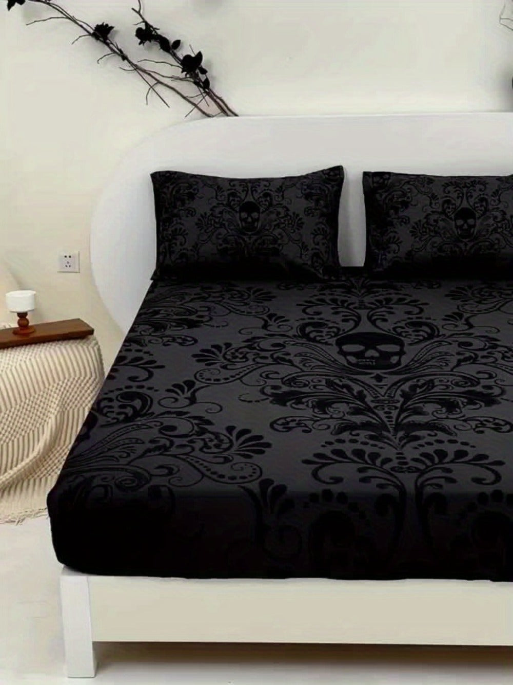 Gothic Skull Fitted Sheet Set 3-Piece, Victorian Baroque Halloween Bedding, 1 Deep Pocket Fitted Sheet + 2 Pillowcases