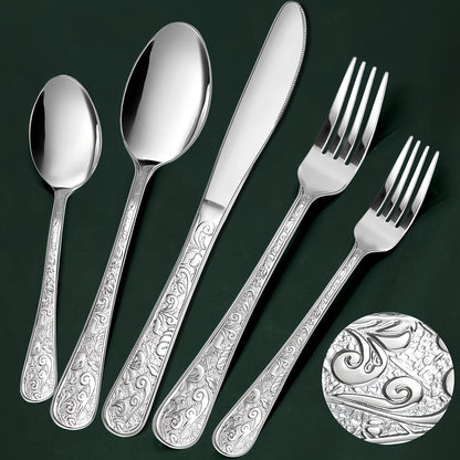 Flatware Set Stainless Steel Vintage Carved Cutlery Set Knife Fork Spoon for Family Gatherings Holiday Parties Kitchen Decor