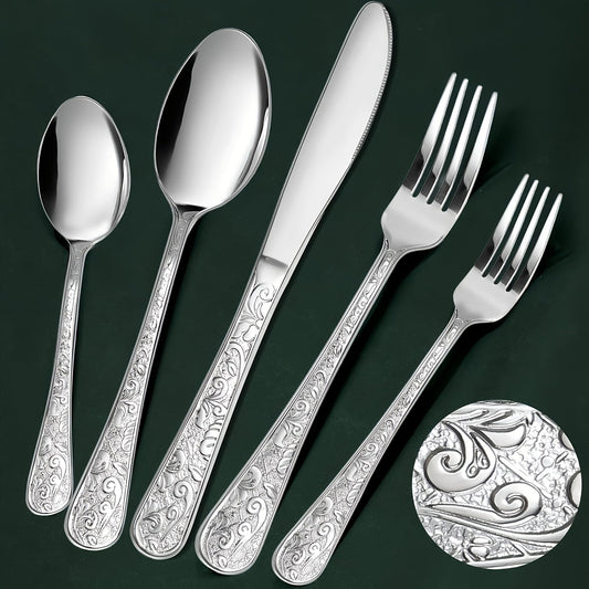 Flatware Set Stainless Steel Vintage Carved Cutlery Set Knife Fork Spoon for Family Gatherings Holiday Parties Kitchen Decor